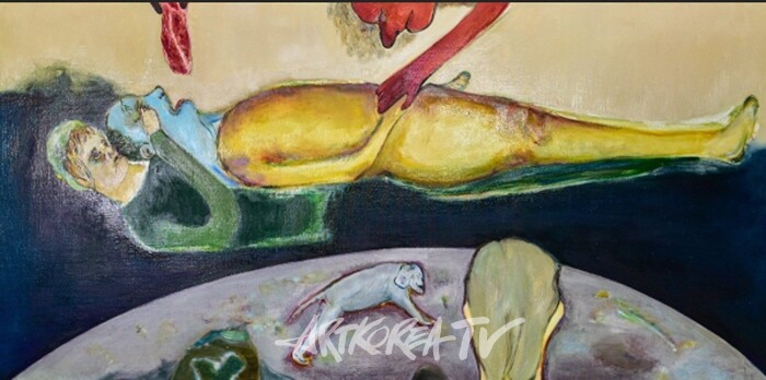 Eating (blindfolded), 2022, oil on canvas, 97cmx194cm