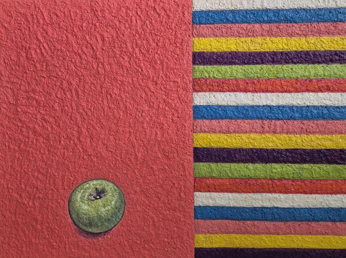 박승순 작가-화가의 사과색동1 ,79×61(20호),판넬에 아크릴물감,업사이클링 ,종이점토, 2024