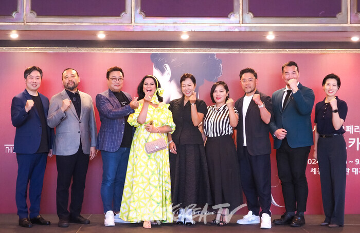 서울시오페라단 오페라 '토스카' 기자간담회(사진 왼쪽부터  지중배 지휘자 - 사무엘 윤 - 김재형 - 안젤라 게오르규 - 박혜진 서울시오페라단장 - 임세경 - 양준모 - 김영우 - 표현진 연출) 2024.08.30 사진 ⓒ아트코리아방송 이용선 기자