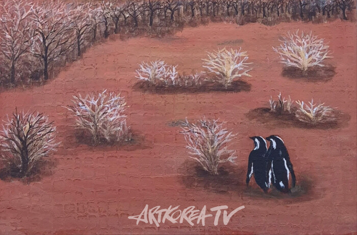 아프리카펭귄_2024_나무판넬위에한지,아크릴릭_40.9x60.6cm