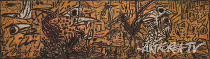 손부남, 상생(相生) - 모든 것은 보이지 않는 끈으로 연결되어 있다, 60x244cm, 캔버스에 혼합재료, 2023