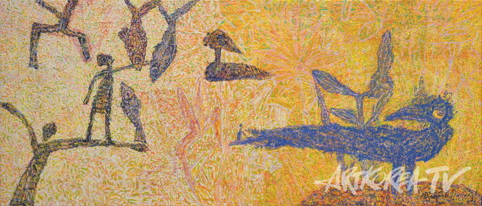 손부남, 상생(相生) - 모든 것은 보이지 않는 끈으로 연결되어 있다, 122x244cm, 캔버스에 혼합재료, 2023