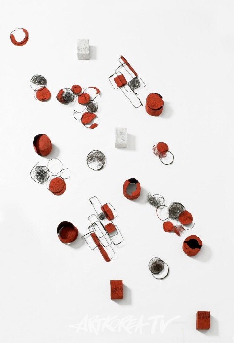 Grazia Gabbini Physis, collage di carta e pigmenti, fili di ferro, 19 eleme~