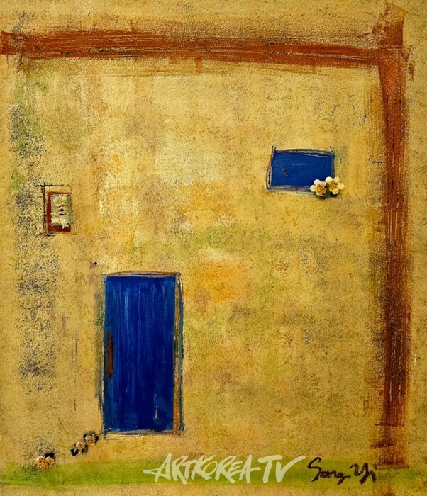 파란문, 아크릴, 오일 파스텔, 자수 45.5x53.0 2024