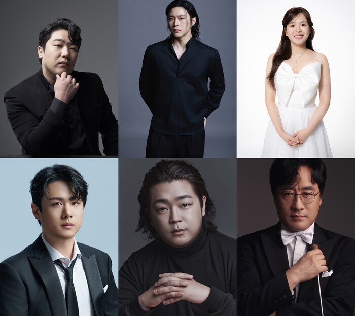 서울시오페라단 '오페라 갈라 콘서트: 전현무가 들려주는 오페라 이야기' 출연진(사진 위 왼쪽부터 시계방향 바리톤김기훈, 베이스바리톤 강동훈, 소프라노 김효영, 테너 김민석, 테너 손지훈, 지휘자 장윤성) 제공 세종문화회관