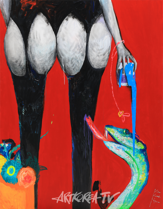 김국현, 초록뱀과 술잔의 유혹 50호, 116.8x91 acrylic, 2024.