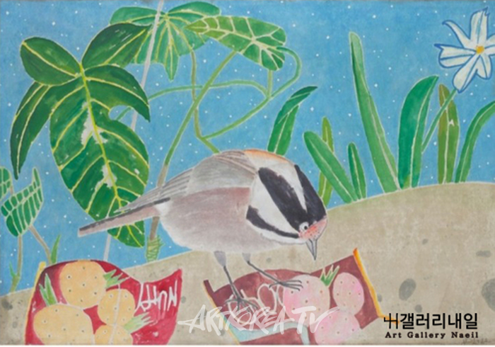 김선두, 낮별 ㅡ곤줄박이, 장지에 분채, 90x60xm, 2022