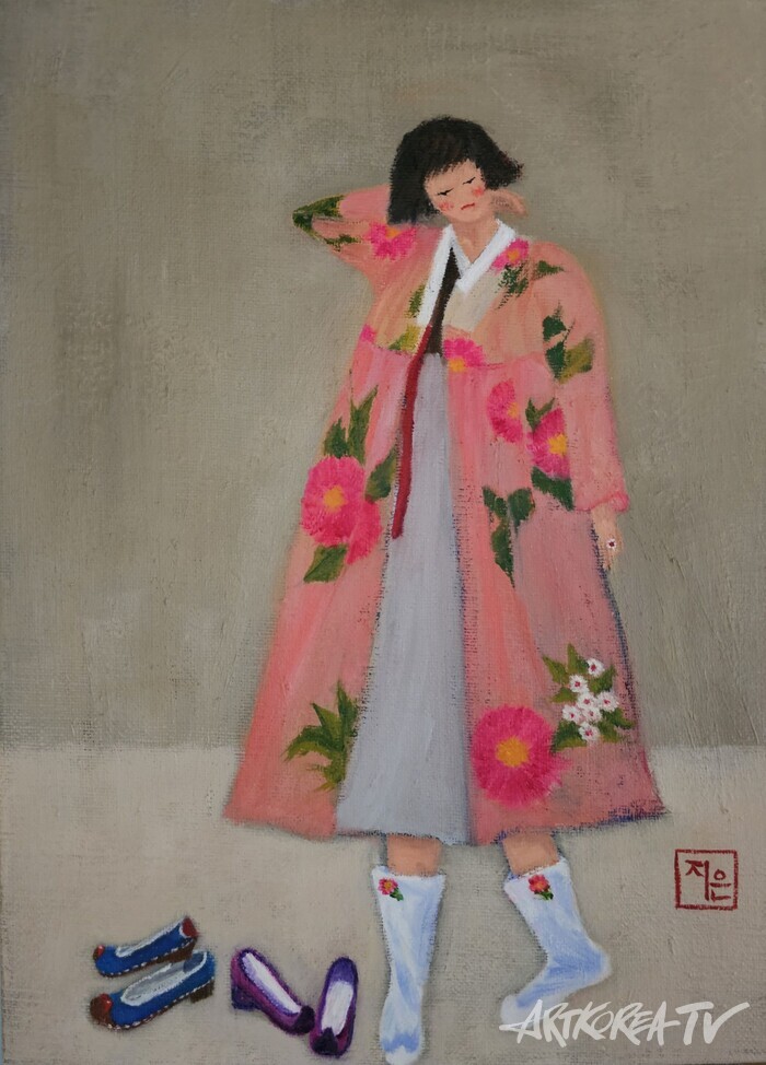 박지은, 뭐 신을까, 24.2x33.4cm, oil on canvas, 2024