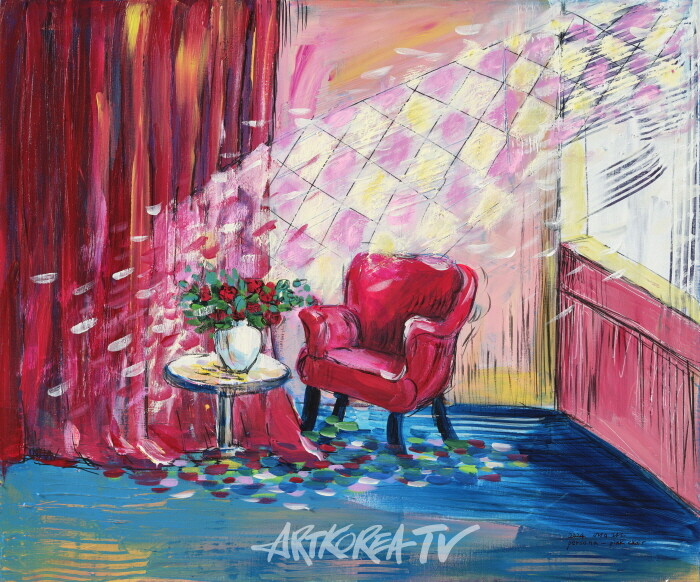 서영란, persona - pink chair 1, 53x45.5, mixed media on canvas, 2024