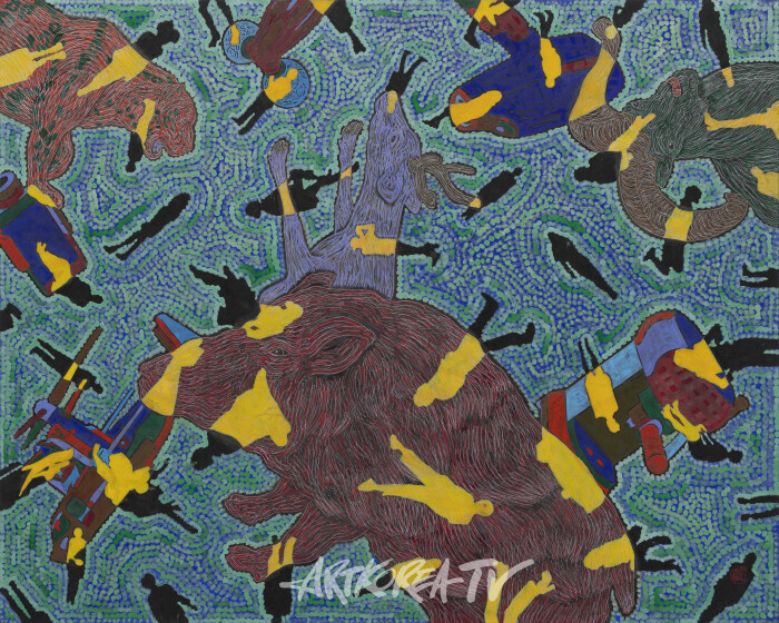 유목동물+인간-문명 2024-4, 130×162cm, 한지에 수묵채색 및 아크릴, 2024