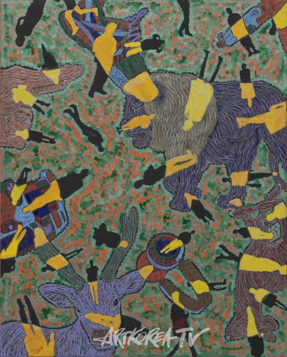 유목동물+인간-문명 2024-8, 100×80cm, 한지에 수묵채색 및 아크릴_1