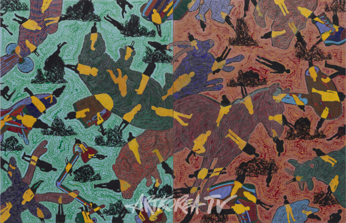 이종융합동물+유토피아 2024-1, 145×112cm×2개, 한지에 수묵채색 및 아크릴, 2024