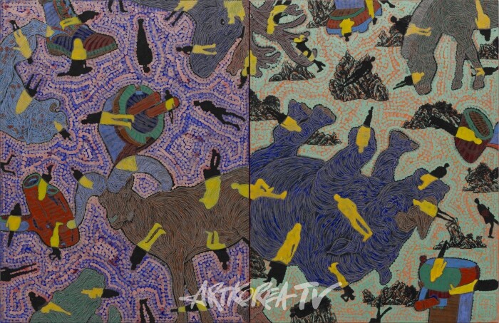 이종융합동물+유토피아2023-1, 145×112cm×2개, 한지에 수묵채색 및 아크릴, 2023 Dual Fused Animals & Utopia2023-1, 145×112cm×2pieces, ink, pigment and acrylic on hanji, 2023_1