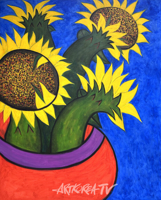 전시 대표작품 ‘Sunflowers in Cobalt blue with a Red vase’, Oil on Linen, 160.2x130.3cm, 2024