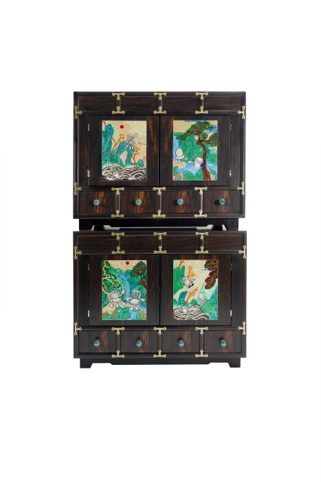 함도하,Emotional Morijang-Ten Symbols of Longevity1,2,54.5x68.5x50.5cm(each),MDF,Steel,Painting,Veneer,Mother of Pearl,2025