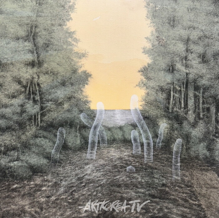 류승주, 햇살 아래 피어난 것들,2024,광목천에 채색,콘테,아크릴,60x60cm