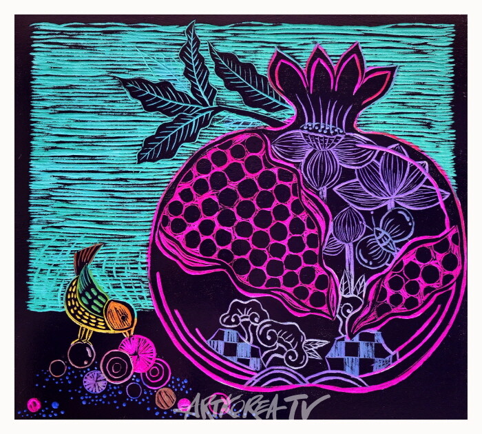 석류에 꿈을 담고.....47x47 cm painting on woodcutblock  2024