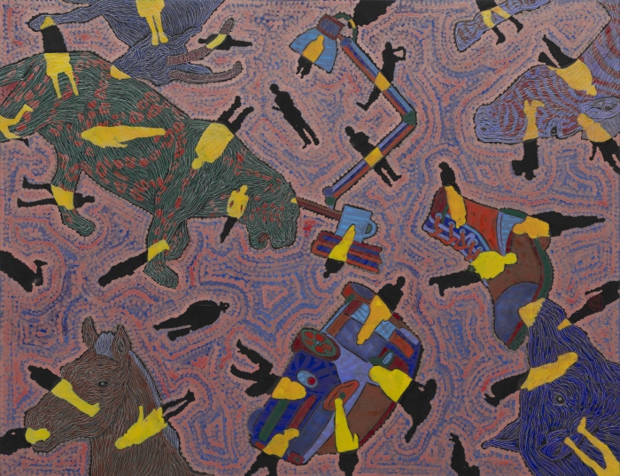 허진개인전-유목동물+인간-문명 2023-21, 112×145cm, 한지에 수묵채색 및 아크릴, 2023.TIF(2층 움직이는문옆)