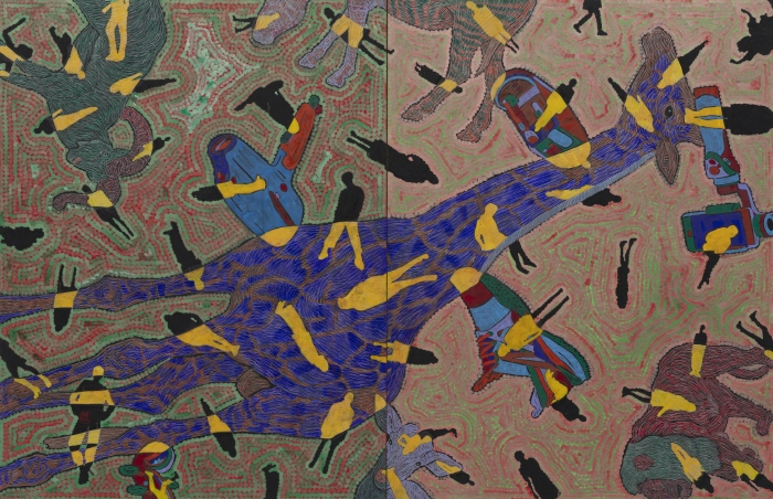 허진개인전-유목동물+인간-문명 2025-7, 145×112cm×2개, 한지에 수묵채색 및 아크릴, 2025.TIF(2층계단)