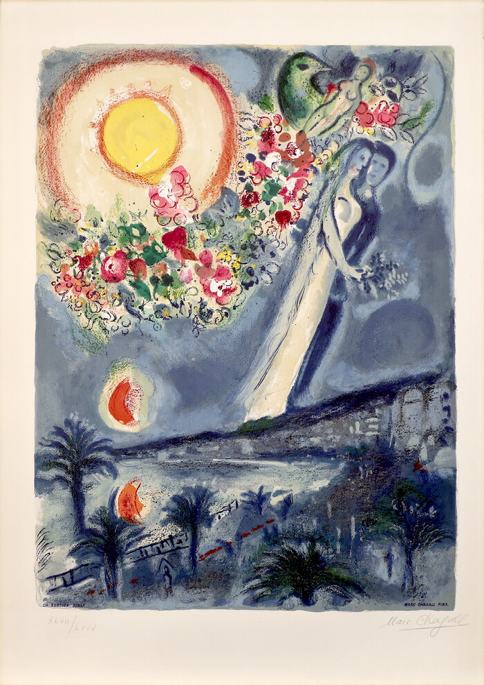 Marc Chagall, Fiances dans le ciel de Nice, 1967, Lithographs printed in colours. © Chagall ®, by SIAE 2025.