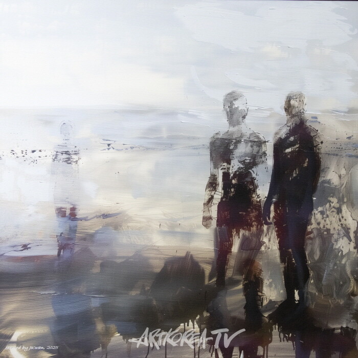 Man in the Age of Al-by Professor Emeritus PARK Jongkwan.  2025, 50.0x50.0cm, pigment print on canvas. 미래시대의 인간은 어떤 모습일까? 미래의 인간은 바이러스와 돌연변이가 아무렇지도 않은 시대 속에서 살게 될까? 망가진 지구의 피폐한 삶을 잘 견뎌낼 수는 있을까? 붉은 빛 창밖 저 멀리에 아련히 투영되는 녹색 지구의 모습을 그리는 꿈은 단지 허망에 불과할까?-사진 김한정 기자