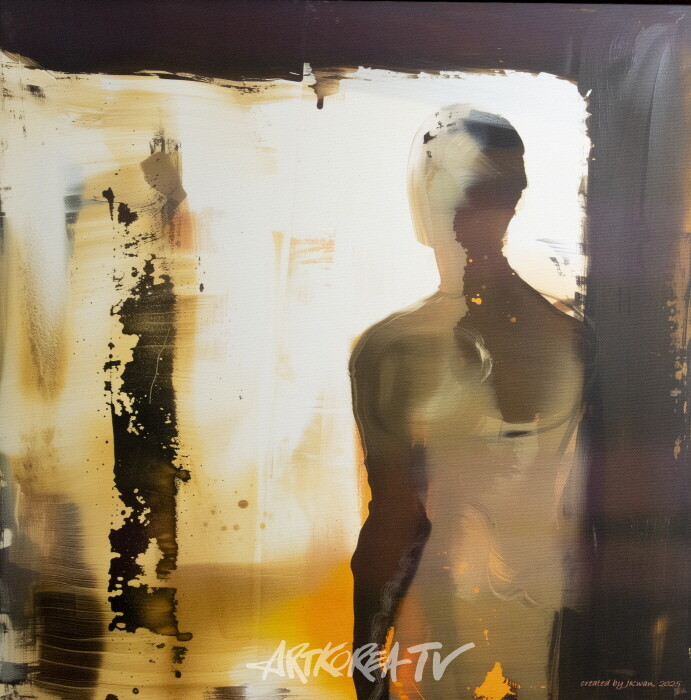 A Future Human Being-by Professor Emeritus PARK Jongkwan.  2025, 50.0x50.0cm, pigment print on canvas. 미래시대의 인간은 어떤 모습일까? 미래의 인간은 바이러스와 돌연변이가 아무렇지도 않은 시대 속에서 살게 될까? 망가진 지구의 피폐한 삶을 잘 견뎌낼 수는 있을까? 붉은 빛 창밖 저 멀리에 아련히 투영되는 녹색 지구의 모습을 그리는 꿈은 단지 허망에 불과할까?-사진 김한정 기자