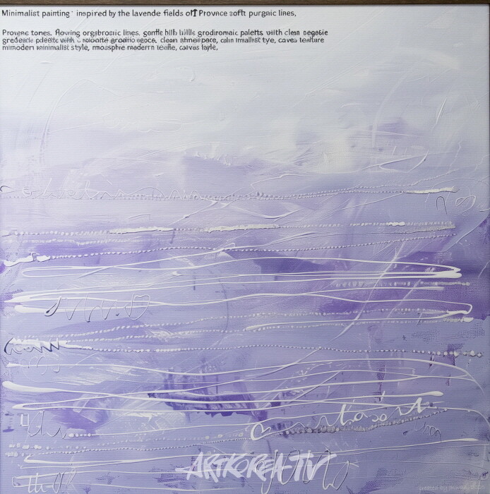 Lavender Field in Provence-by Professor Emeritus PARK Jongkwan.  2025, 50.0x50.0cm, pigment print on canvas. 남프랑스 발랑솔 고원은 라벤더 천국이다. 6월말부터 한 달간 프로방스는 보라색으로 바뀐다. 라벤더 고원의 능선들과 어우러진 수많은 직선과 곡선의 조합은 이 지역을 지구 최고의 공간 예술품으로 만든다. 작품의 하얀 곡선과 글씨는 작가에게 무엇을 말하고 있는 것일까?-사진 김한정 기자