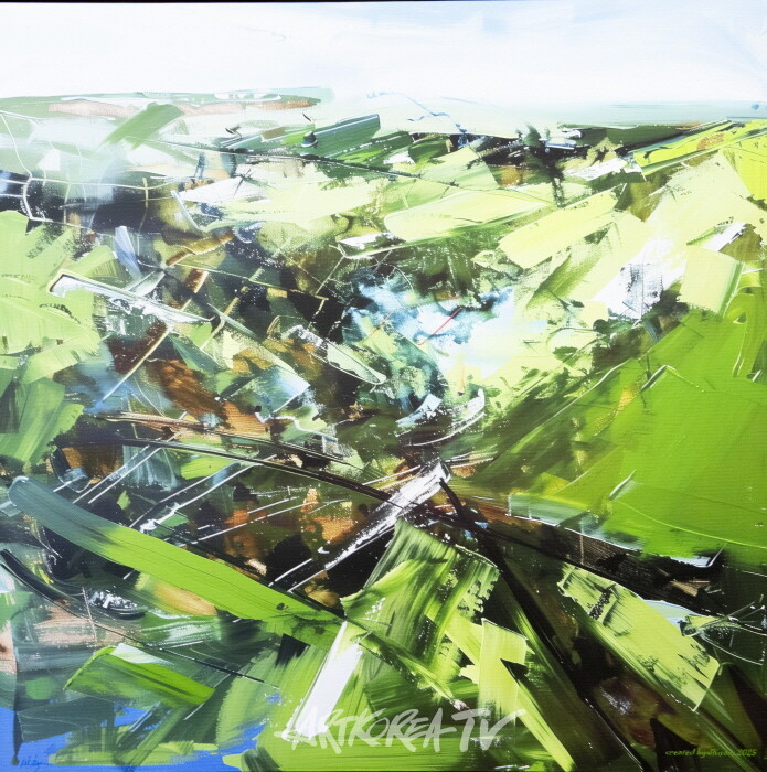 English Grass Fields-by Professor Emeritus PARK Jongkwan.  2025, 50.0x50.0cm, pigment print on canvas.  AI의 텔레토비 언덕이 궁금했다. 나는 영국의 드넓은 초원을 텔레토비 언덕이라 부른다. '넓고 푸른 꼬꼬마 동산, 텔레토비 친구들이 살고 있어요.' 뒷동산의 낮은 언덕이 매우 친숙하다. 하루에서도 수십 번의 비가 내리길 반복하는 영국은 온 곳이 온통 잔디밭이다. 그래서 축구, 럭비, 테니스, 골프 같은 스포츠 종주국이 되었다.-사진 김한정 기자