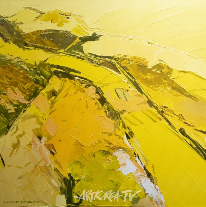 Yellow River in China-by Professor Emeritus PARK Jongkwan.  2025, 50.0x50.0cm, pigment print on canvas. 실크로드의 중심지인 중국의 난주 상공을 날다보면 드넓은 황무지를 굽이치는 거대한 황하를 볼 수 있다. 이 지역 사람들은 황토를 담고 흐르는 황하를 어떻게 받아들이고 있을까? 물론 둘도 없는 생명수로 여기고 있을 것이다. 황사 발상지이기도 한 이 척박한 황무지에 황하 물을 관개하면서 난주라는 대도시가 생겨난다.-사진 김한정 기자