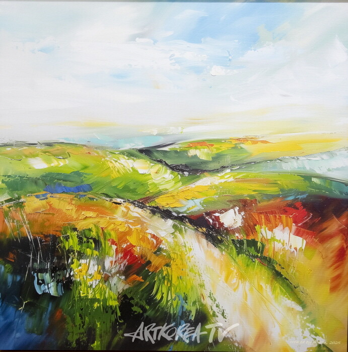  Beautiful Giant's Causeway-by Professor Emeritus PARK Jongkwan.  2025, 50.0x50.0cm, pigment print on canvas. 세계유산인 북아일랜드의 자이언츠 코즈웨이, 주상절리 절벽면의 위쪽 평탄면을 그린 것일까? 절벽 위의 평지에 서면 이처럼 현무암 대지에 펼쳐진 아름다운 들풀 군락을 볼 수 있을 지도 모르겠다. 주상절리 명령어를 넣었더니 이런 그림이 나왔다. 의외였다.-사진 김한정 기자