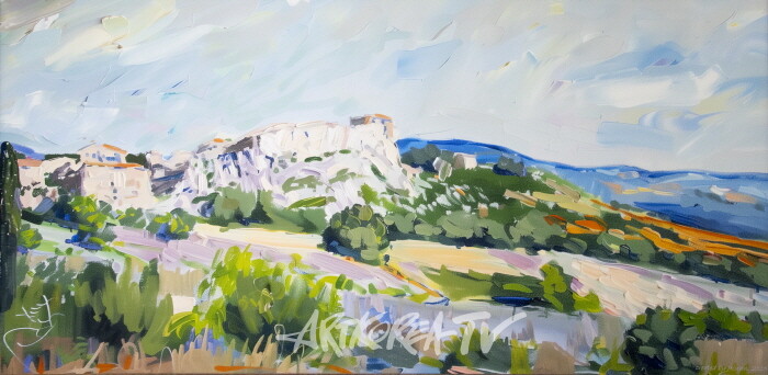 Limestone Landscape in Southern France-by Professor Emeritus PARK Jongkwan.  2025, 73.0x28.0cm, pigment print on canvas.  AI에게 남프랑스의 거대한 석회암 대지를 그려보라고 했더니 세잔의 생트 빅투아르산을 그려주었다. 전혀 예상치 못한 결과물이다. AI는 아직 남프랑스의 거대한 석회암 대지를 인식하지 못하고 있는 것 같았다. 이 의외의 결과물은 내겐 세잔이 내려준 선물이었다.-사진 김한정 기자