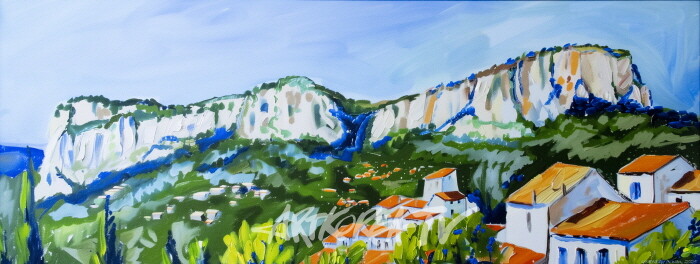 Limestone Landscape in Provence-by Professor Emeritus PARK Jongkwan.  2025, 80.0x40.0cm, pigment print on canvas.  AI에게 프로방스의 거대한 석회암 대지를 그려보라고 했더니 엉뚱하게도 아름다운 프로방스의 목가주택을 그려냈다. 전혀 예상치 못한 결과다. AI는 아직 남프랑스의 거대한 석회암 대지를 인식하지 못하고 있는 것일까? 하지만 의외의 이 결과물은 원색의 프로방스의 특징을 잘 그려낸 내겐 상큼한 청량음료와 같은 선물이었다. 멋진 작품이다.-사진 김한정 기자