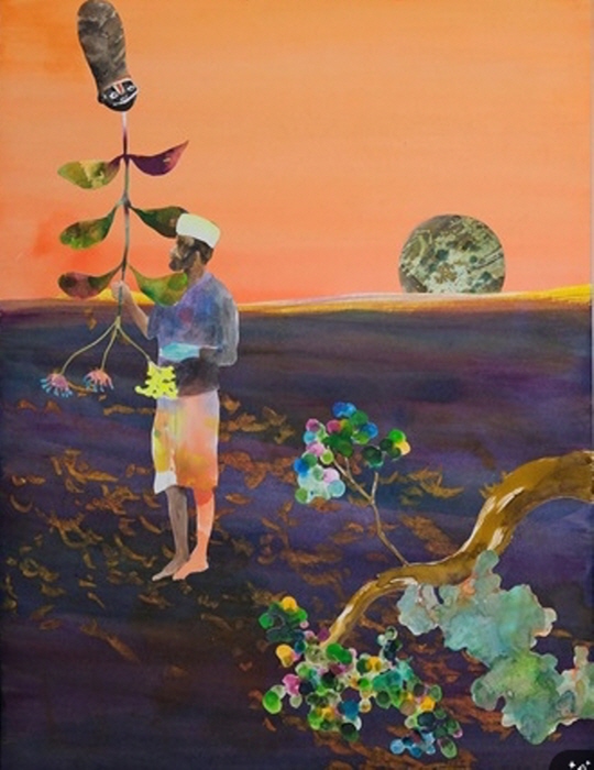  마리-아니타 고브 프랑스, 1986년생 Masque arboriforme dans la plaine des ancêtres , 2025. 67.5 x 47.5cm 콜라주, 수채화, 잉크, 파스텔, 종이에 흑연-사진 런던 크리스틴 헬레그예르데 갤러리 제공