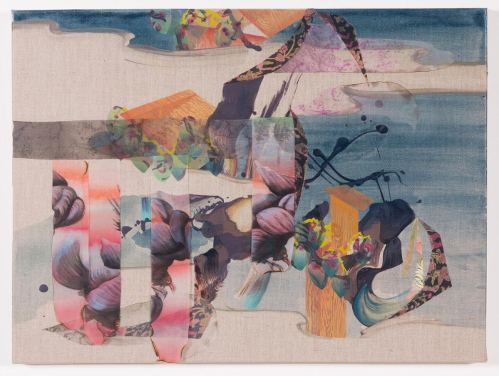 리엔 트엉, 무제 , 2025. 리넨과 실크에 아크릴, 프린트 직물, 46 x 61cm. 작가 및 갤러리 퀸 제공