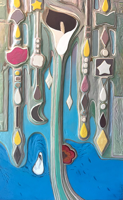 물의 왕관, 카라의 속삭임(Crown of Water, Calla's Whisper), wood, acrylic, 50x80x3(h)cm, 2025-사진제공 장은선 갤러리