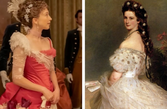 왼쪽-영화 '도금 시대' 의 한 장면 . 오른쪽-프란츠 크사버 빈터할터, 오스트리아의 황후 엘리자베트 (1865)
