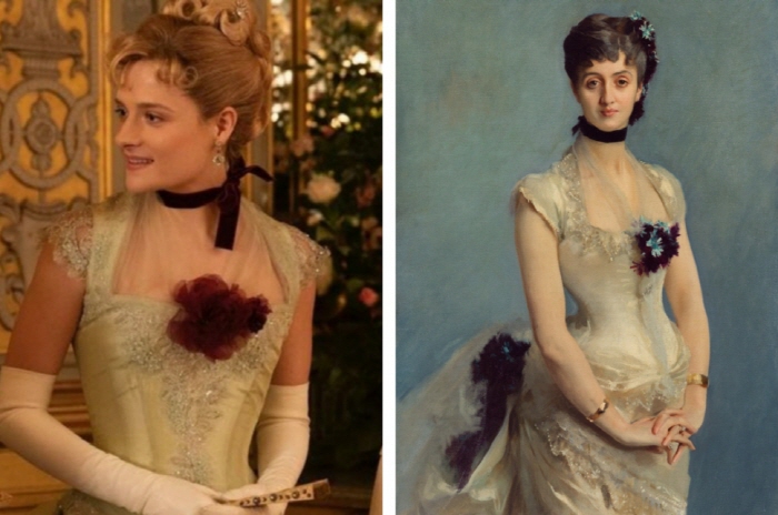 왼쪽- 루이자 제이콥슨이 연기한 마리안 브룩. 오른쪽- 존 싱어 사전트의 폴 푸아르송 부인의 초상화 (1885).