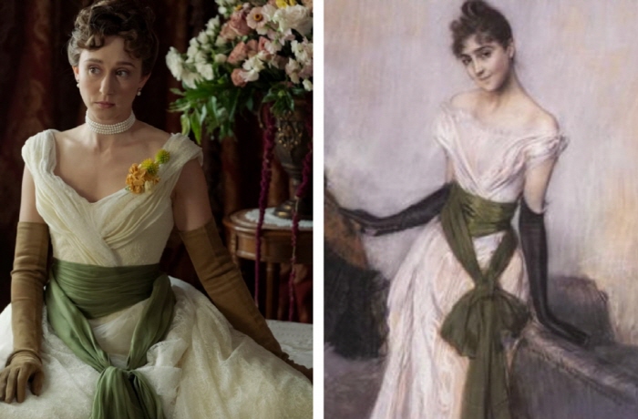 왼쪽-글래디스 러셀(타이사 파미가). 오른쪽-Giovanni Boldini, Signorina Concha de Ossa (1888)