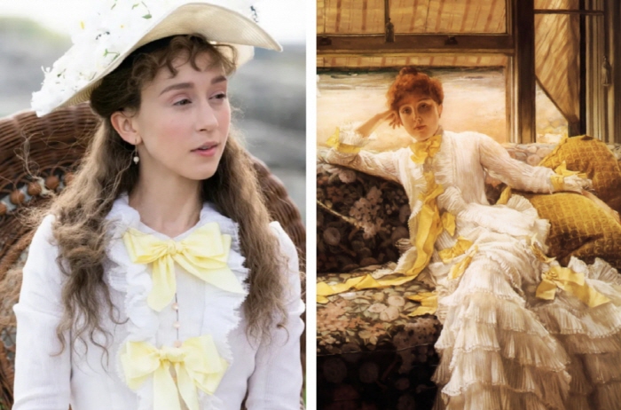 왼쪽-타이사 파미가가 연기한 글래디스 러셀. 오른쪽-제임스 티소, '해변(7월- 초상화의 표본)' (1878