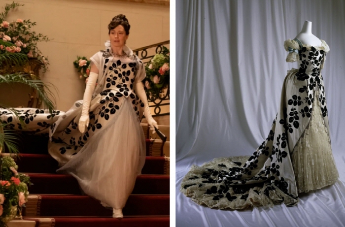 왼쪽-캐리 쿤이 연기한 버사 러셀. 오른쪽-하우스 오브 워스(1898–1900)가 디자인한 이브닝 드레스.