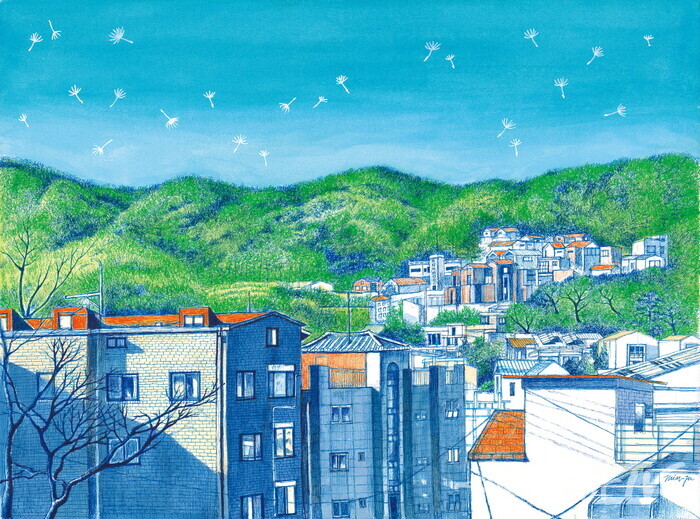 김민주달밤, 마음산책, 31X23cm, pigment pen, watercolor on paper, 2025