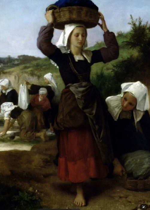 윌리엄 아돌프 부게로의 '프랑스 세탁부 ' (1855)는 한 여성이 빨래 바구니를 들고 있는 동안 다른 여성들이 시냇가에서 빨래를 하는 모습을 묘사하고 있다. 사진: Buyenlarge/Getty Images.
