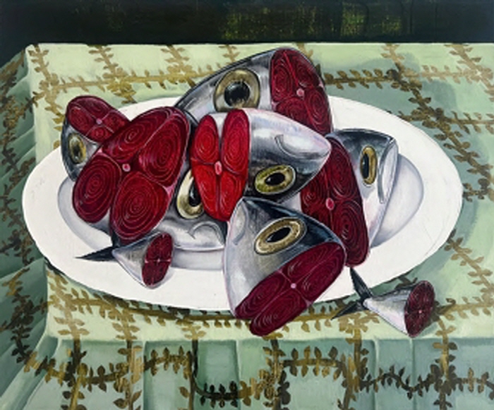 Nikki Maloof, Fish Heads, 2025. Oil on linen, 61 x 50.8 cm- 24 x 20 inches. Courtesy of the artist and Perrotin.