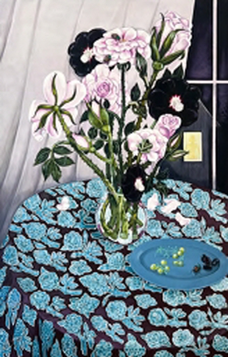 Nikki Maloof, Night Bouquet, 2025. Oil on linen, 88.9 x 142.2 cm-35 x 56 inches. Courtesy of the artist and Perrotin.