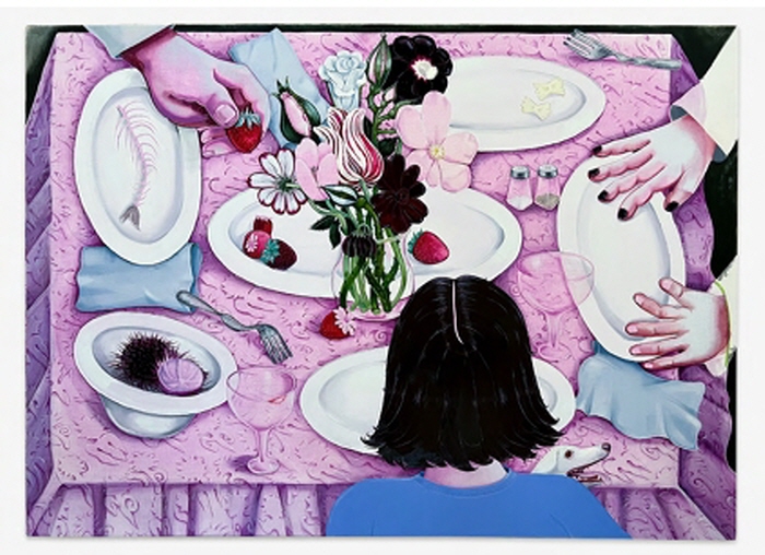 Nikki Maloof, Pink Table, 2025. Oil on linen, 177.8 x 127 cm-70 x 50 inches. Courtesy of the artist and Perrotin.