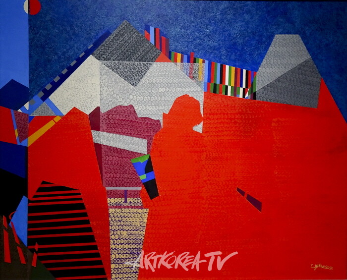 리듬-Rhythm. 2025-162.2×130.3cm 캔버스에 아크릴 Acrylic on canvas'리듬'은 오방색의 다채로운 색띠가 화면을 더욱 촘촘히 분할하며, 해와 달의 형상 사이로 인물의 실루엣이 어우러져 생명의 율동과 우주적 조화를 표현한다.Rhythm densely arranges bands of Obangsaek. merging figures with the sun and moon to express cosmic harmony.-사진촬영 최윤영 기자