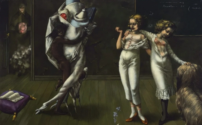 도로시아 태닝, 갑작스러운 기쁨이 있는 실내 (1951). 소더비 경매 제공.