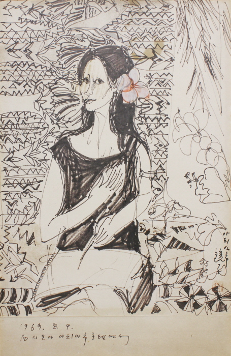 천경자, 서사모아 아피아시 호텔에서, 1969, 종이에 사인펜, 채색, 61x47cm, 개인소장-사진제공 서울미술관
