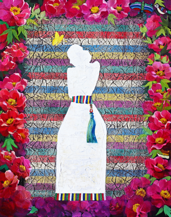 4 Evolution – 비춰질 달 - 30호. 비단과 한지위에 목단과 괘불노리개를 찬 여인을 그린 작품-사진제공 김규리 작가