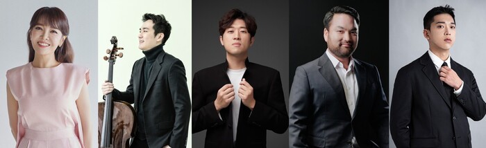 성악가 리사이틀 시리즈 '노래의 날개 위에'(왼쪽부터 소프라노 임선혜, 첼리스트 이호찬, 피아니스트 문재원, 바리톤 박주성, 피아니스트 정태양) 제공 마포문화재단